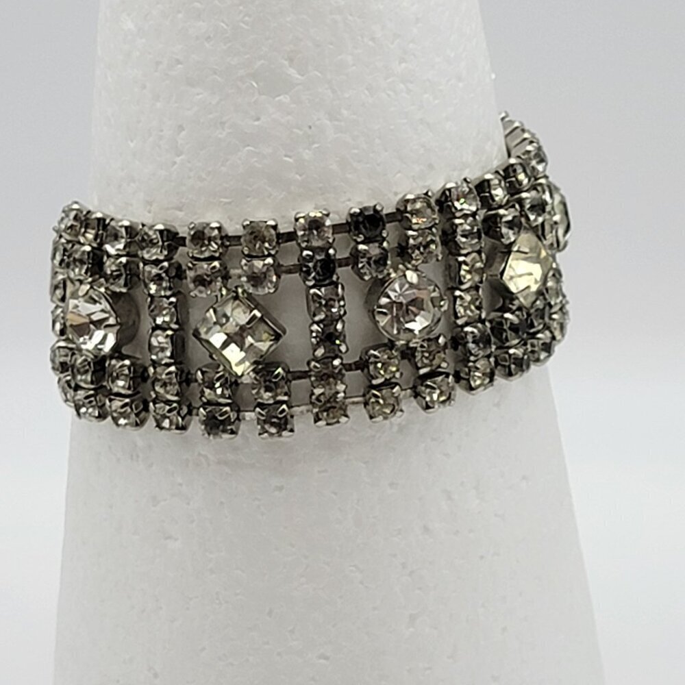 Vintage Crystal Tennis Bracelet Silver-Tone Fold Clasp Wide Statement 7 Inch - Picture 5 of 14